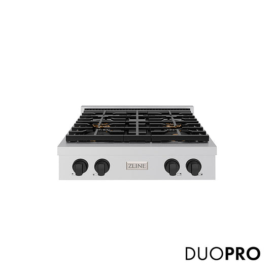 ZLINE Autograph Edition 30 in. Paramount Gas Rangetop with 4 Burner DuoPro™ Cooktop in Stainless Steel and Matte Black Accents (PSRTZ-30-MB)
