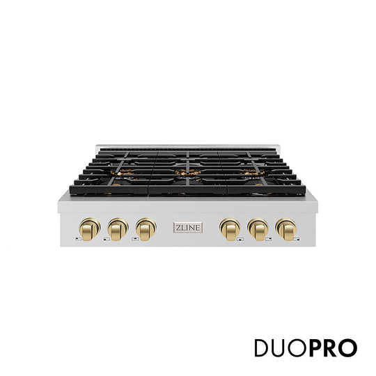 ZLINE Autograph Edition 36 in. Paramount Gas Rangetop with 6 Burner DuoPro™ Cooktop in Stainless Steel and Champagne Bronze Accents (PSRTZ-36-CB)