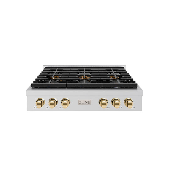 ZLINE Autograph Edition 36 in. Paramount Gas Rangetop with 6 Burner DuoPro™ Cooktop in Stainless Steel and Polished Gold Accents (PSRTZ-36-G)