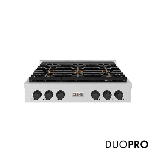 ZLINE Autograph Edition 36 in. Paramount Gas Rangetop with 6 Burner DuoPro™ Cooktop in Stainless Steel and Matte Black Accents (PSRTZ-36-MB)