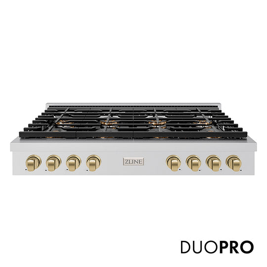 ZLINE Autograph Edition 48 in. Paramount Gas Rangetop with 8 Burner DuoPro™ Cooktop in Stainless Steel and Champagne Bronze Accents (PSRTZ-48-CB)