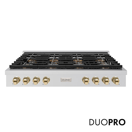 ZLINE Autograph Edition 48 in. Paramount Gas Rangetop with 8 Burner DuoPro™ Cooktop in Stainless Steel and Polished Gold Accents (PSRTZ-48-G)