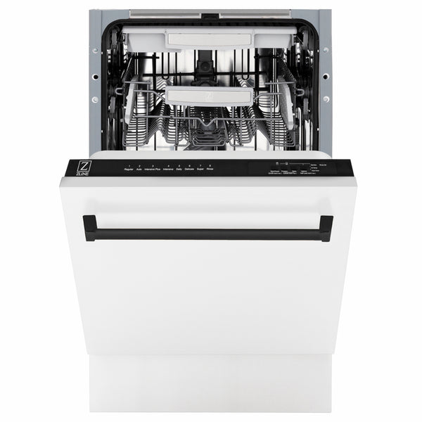 ZLINE Autograph Edition 18 in. Tallac Series 3rd Rack Dishwasher with Auto Door Open Drying, 51dBa, White Matte Panel with Matte Black Handle (DWVZ-WM-18-MB)