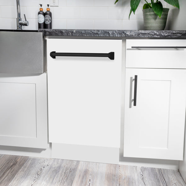 ZLINE Autograph Edition 18 in. Tallac Series 3rd Rack Dishwasher with Auto Door Open Drying, 51dBa, White Matte Panel with Matte Black Handle (DWVZ-WM-18-MB)