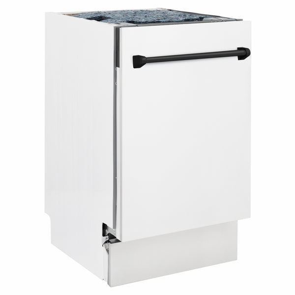 ZLINE Autograph Edition 18 in. Tallac Series 3rd Rack Dishwasher with Auto Door Open Drying, 51dBa, White Matte Panel with Matte Black Handle (DWVZ-WM-18-MB)
