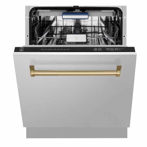 ZLINE Autograph Edition 24 in. Tallac Series 3rd Rack Dishwasher with Auto Door Open Drying, 51dBa, Stainless Steel Panel with Champagne Bronze Handle (DWVZ-304-24-CB)