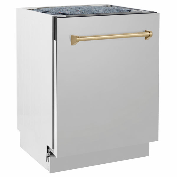 ZLINE Autograph Edition 24 in. Tallac Series 3rd Rack Dishwasher with Auto Door Open Drying, 51dBa, Stainless Steel Panel with Champagne Bronze Handle (DWVZ-304-24-CB)