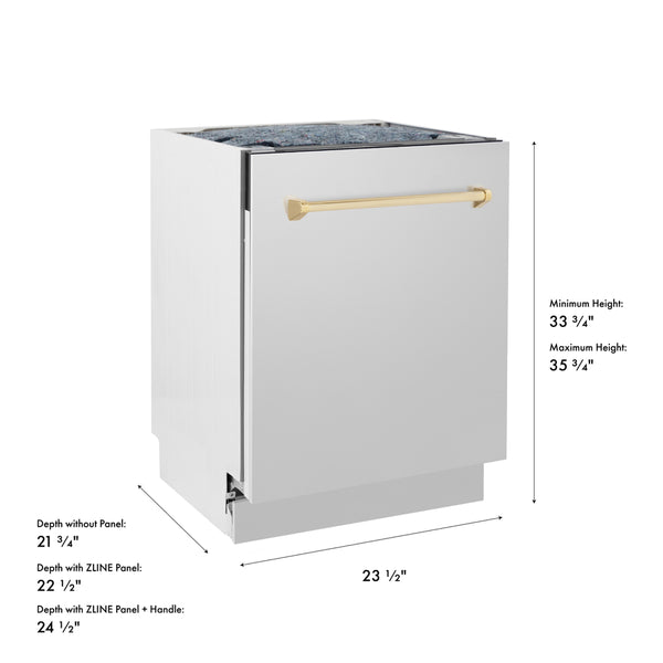 ZLINE Autograph Edition 24 in. Tallac Series 3rd Rack Dishwasher with Auto Door Open Drying, 51dBa, Stainless Steel Panel with Polished Gold Handle (DWVZ-304-24-G)