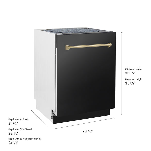 ZLINE Autograph Edition 24 in. Tallac Series 3rd Rack Dishwasher with Auto Door Open Drying, 51dBa, Black Stainless Steel Panel with Champagne Bronze Handle (DWVZ-BS-24-CB)