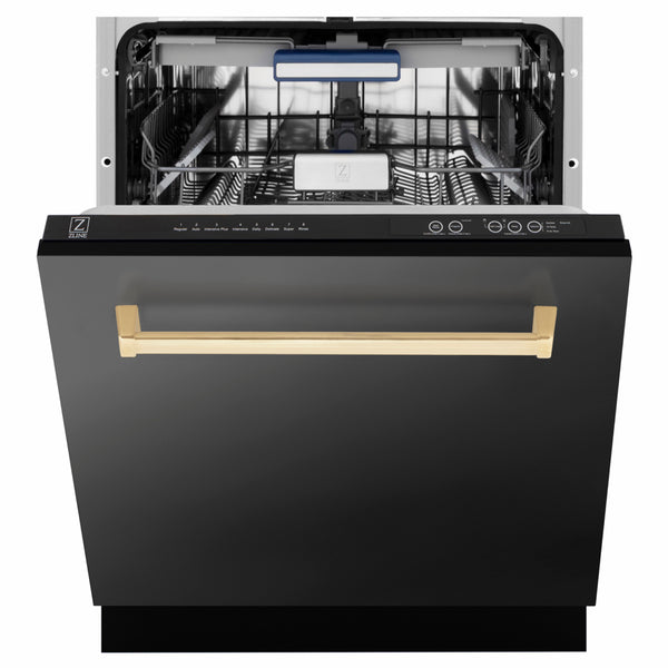 ZLINE Autograph Edition 24 in. Tallac Series 3rd Rack Dishwasher with Auto Door Open Drying, 51dBa, Black Stainless Steel Panel with Champagne Bronze Handle (DWVZ-BS-24-CB)