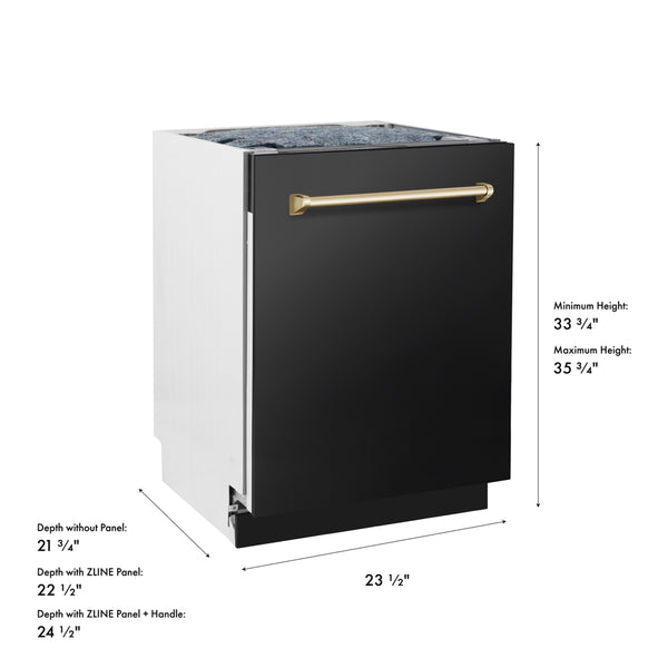 ZLINE Autograph Edition 24 in. Tallac Series 3rd Rack Dishwasher with Auto Door Open Drying, 51dBa, Black Stainless Steel Panel with Polished Gold Handle (DWVZ-BS-24-G)