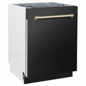 ZLINE Autograph Edition 24 in. Tallac Series 3rd Rack Dishwasher with Auto Door Open Drying, 51dBa, Black Stainless Steel Panel with Polished Gold Handle (DWVZ-BS-24-G)