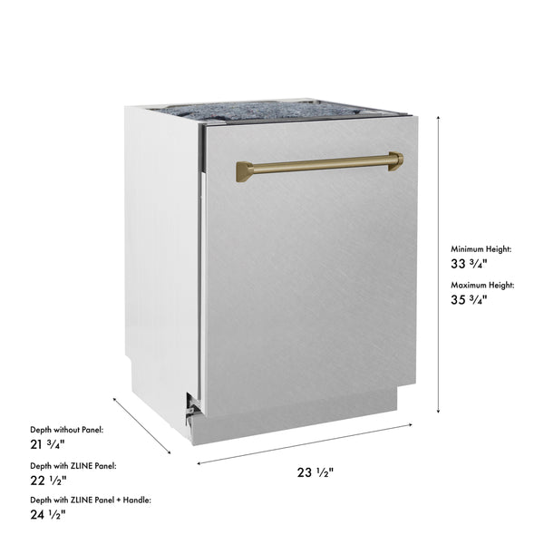 ZLINE Autograph Edition 24 in. Tallac Series 3rd Rack Dishwasher with Auto Door Open Drying, 51dBa, Satin Stainless Steel Panel with Champagne Bronze Handle (DWVZ-SN-24-CB)