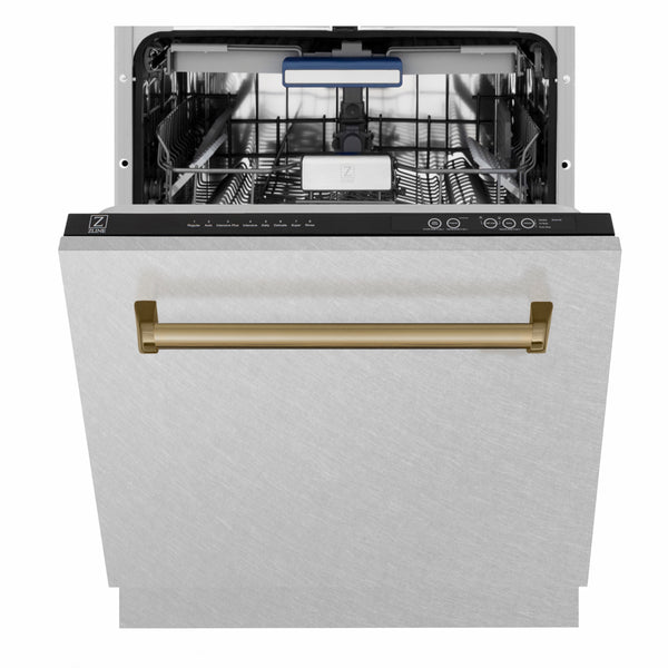 ZLINE Autograph Edition 24 in. Tallac Series 3rd Rack Dishwasher with Auto Door Open Drying, 51dBa, Satin Stainless Steel Panel with Champagne Bronze Handle (DWVZ-SN-24-CB)