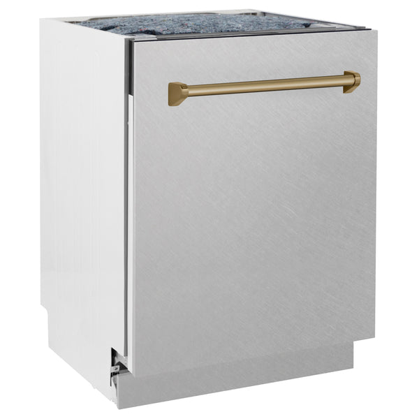 ZLINE Autograph Edition 24 in. Tallac Series 3rd Rack Dishwasher with Auto Door Open Drying, 51dBa, Satin Stainless Steel Panel with Champagne Bronze Handle (DWVZ-SN-24-CB)