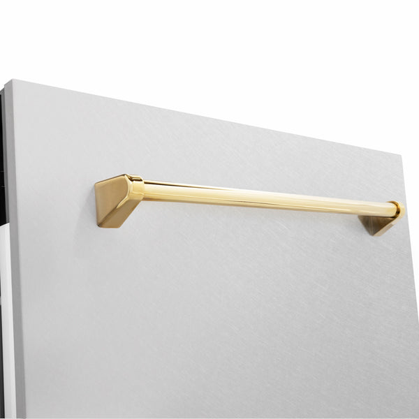 ZLINE Autograph Edition 24 in. Tallac Series 3rd Rack Dishwasher with Auto Door Open Drying, 51dBa, Satin Stainless Steel Panel with Polished Gold Handle (DWVZ-SN-24-G)