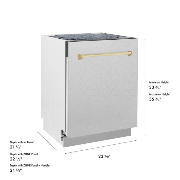 ZLINE Autograph Edition 24 in. Tallac Series 3rd Rack Dishwasher with Auto Door Open Drying, 51dBa, Satin Stainless Steel Panel with Polished Gold Handle (DWVZ-SN-24-G)