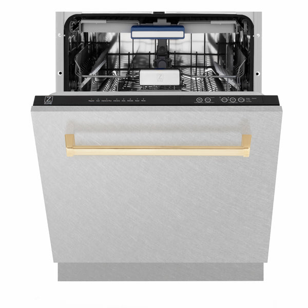 ZLINE Autograph Edition 24 in. Tallac Series 3rd Rack Dishwasher with Auto Door Open Drying, 51dBa, Satin Stainless Steel Panel with Polished Gold Handle (DWVZ-SN-24-G)