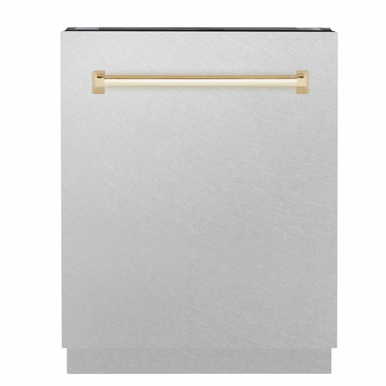 ZLINE Autograph Edition 24 in. Tallac Series 3rd Rack Dishwasher with Auto Door Open Drying, 51dBa, Satin Stainless Steel Panel with Polished Gold Handle (DWVZ-SN-24-G)