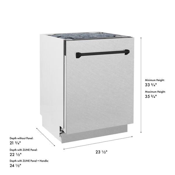 ZLINE Autograph Edition 24 in. Tallac Series 3rd Rack Dishwasher with Auto Door Open Drying, 51dBa, Satin Stainless Steel Panel with Matte Black Handle (DWVZ-SN-24-MB)