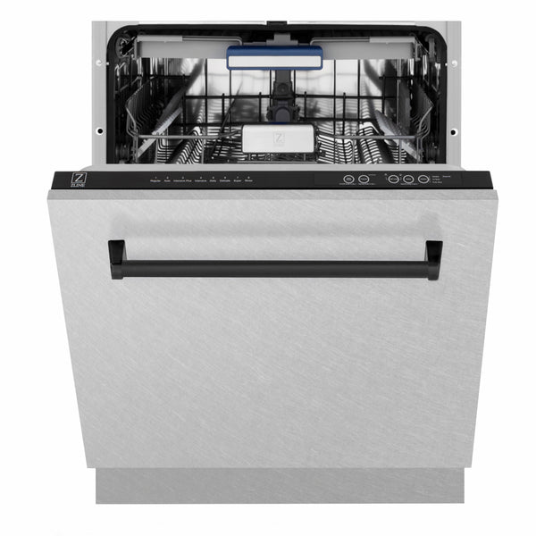 ZLINE Autograph Edition 24 in. Tallac Series 3rd Rack Dishwasher with Auto Door Open Drying, 51dBa, Satin Stainless Steel Panel with Matte Black Handle (DWVZ-SN-24-MB)