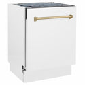ZLINE Autograph Edition 24 in. Tallac Series 3rd Rack Dishwasher with Auto Door Open Drying, 51dBa, White Matte Panel with Champagne Bronze Handle (DWVZ-WM-24-CB)