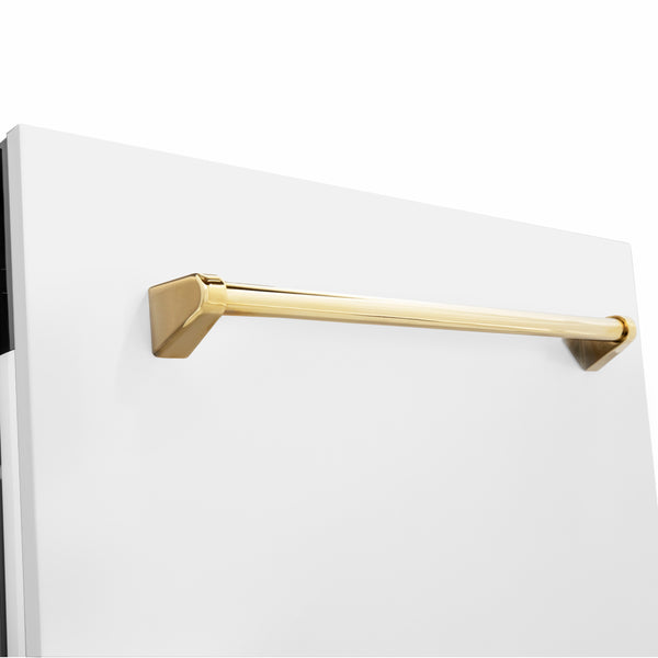 ZLINE Autograph Edition 24 in. Tallac Series 3rd Rack Dishwasher with Auto Door Open Drying, 51dBa, White Matte Panel with Polished Gold Handle (DWVZ-WM-24-G)