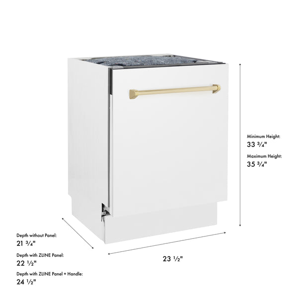 ZLINE Autograph Edition 24 in. Tallac Series 3rd Rack Dishwasher with Auto Door Open Drying, 51dBa, White Matte Panel with Polished Gold Handle (DWVZ-WM-24-G)