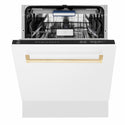 ZLINE Autograph Edition 24 in. Tallac Series 3rd Rack Dishwasher with Auto Door Open Drying, 51dBa, White Matte Panel with Polished Gold Handle (DWVZ-WM-24-G)
