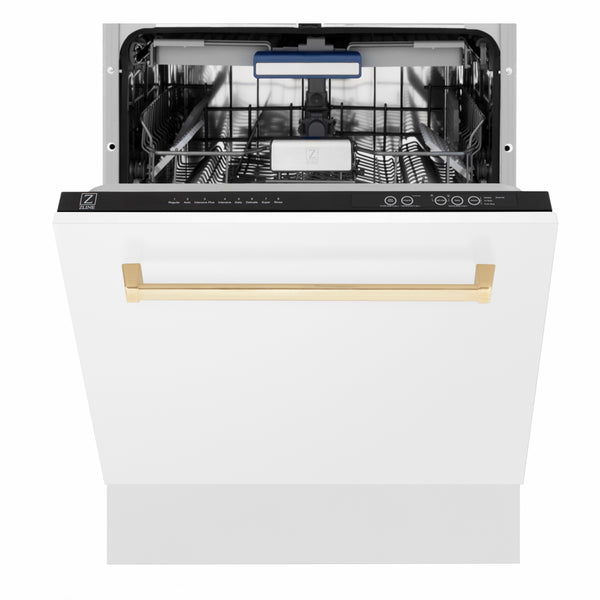 ZLINE Autograph Edition 24 in. Tallac Series 3rd Rack Dishwasher with Auto Door Open Drying, 51dBa, White Matte Panel with Polished Gold Handle (DWVZ-WM-24-G)