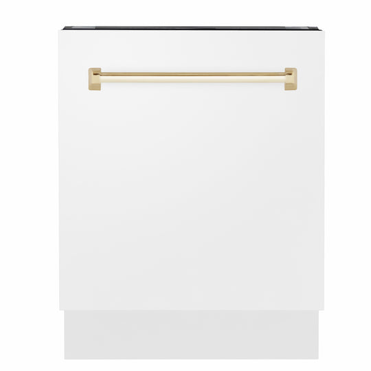 ZLINE Autograph Edition 24 in. Tallac Series 3rd Rack Dishwasher with Auto Door Open Drying, 51dBa, White Matte Panel with Polished Gold Handle (DWVZ-WM-24-G)