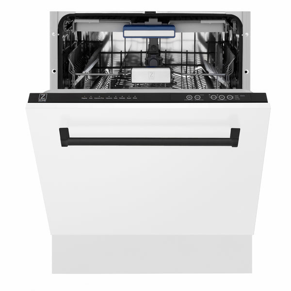 ZLINE Autograph Edition 24 in. Tallac Series 3rd Rack Dishwasher with Auto Door Open Drying, 51dBa, White Matte Panel with Matte Black Handle (DWVZ-WM-24-MB)