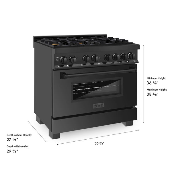 ZLINE 36 in. 4.6 cu. ft. Legacy Dual Fuel Range with Gas Cooktop and Electric Convection Oven in Black Stainless Steel with 6 Brass Burners (RAB-BR-36)