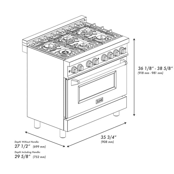 ZLINE 36 in. 4.6 cu. ft. Dual Fuel Range with Gas Stove and Electric Oven in Black Stainless Steel with Brass Burners (RAB-BR-36) dimensional diagram with measurements.
