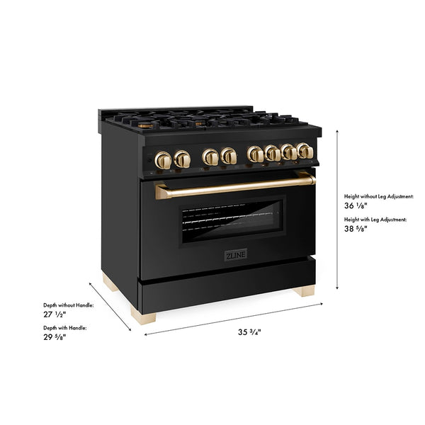 ZLINE Autograph Edition 36 in. 4.6 cu. ft. Legacy Dual Fuel Range with 6 Burner Gas Cooktop and Electric Convection Oven in Black Stainless Steel and Polished Gold Accents (RABZ-36-G)