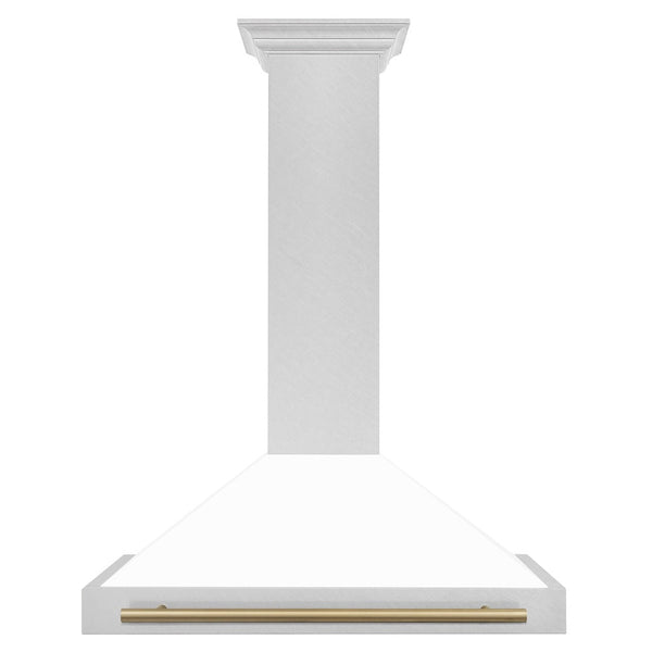 ZLINE Autograph Edition Convertible Fingerprint Resistant DuraSnow® Stainless Steel Range Hood with White Matte Shell and Champagne Bronze Handle (KB4SNZ-WM-CB) front.