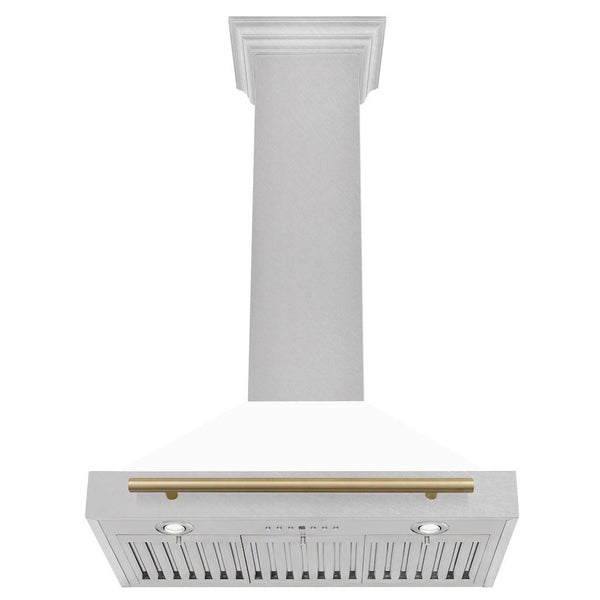 ZLINE Autograph Edition Convertible Fingerprint Resistant DuraSnow® Stainless Steel Range Hood with White Matte Shell and Champagne Bronze Handle (KB4SNZ-WM-CB) front, under.