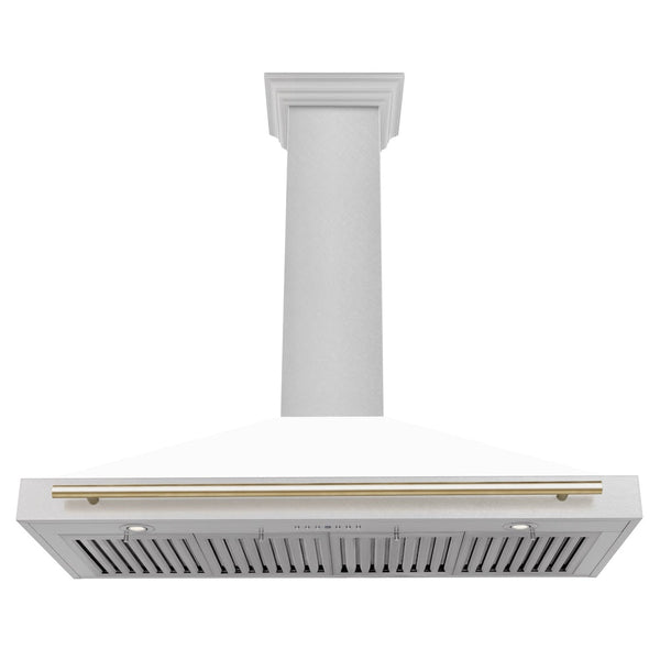 ZLINE 48 in. Autograph Edition Convertible Fingerprint Resistant Satin Stainless Steel Range Hood with White Matte Shell and Polished Gold Handle (KB4SNZ-WM48-G)