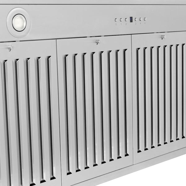 ZLINE Autograph Edition Convertible Stainless Steel Range Hood with Stainless Steel Shell and Champagne Bronze Accents (KB4STZ-CB) baffle filters, LED lighting, and control panel.