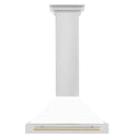 ZLINE Autograph Edition Convertible Stainless Steel Range Hood with White Matte Shell and Polished Gold Accents (KB4STZ-WM-G) Polished Gold, front.