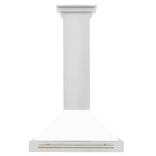ZLINE Autograph Edition Convertible Stainless Steel Range Hood with White Matte Shell and Polished Gold Accents (KB4STZ-WM-G) Polished Gold, front.