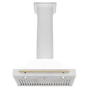 ZLINE Autograph Edition Convertible Stainless Steel Range Hood with White Matte Shell and Polished Gold Accents (KB4STZ-WM-G) front, under.