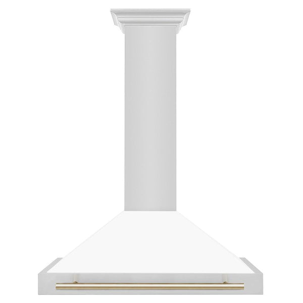 ZLINE Autograph Edition Convertible Stainless Steel Range Hood with White Matte Shell and Polished Gold Accents (KB4STZ-WM-G) Polished Gold, front.