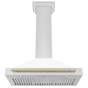ZLINE Autograph Edition Convertible Stainless Steel Range Hood with White Matte Shell and Polished Gold Accents (KB4STZ-WM-G) front, under.