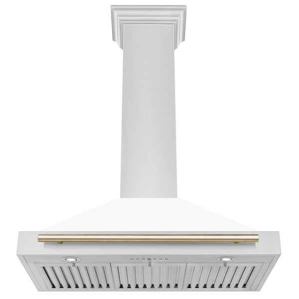 ZLINE Autograph Edition Convertible Stainless Steel Range Hood with White Matte Shell and Polished Gold Accents (KB4STZ-WM-G) front, under.