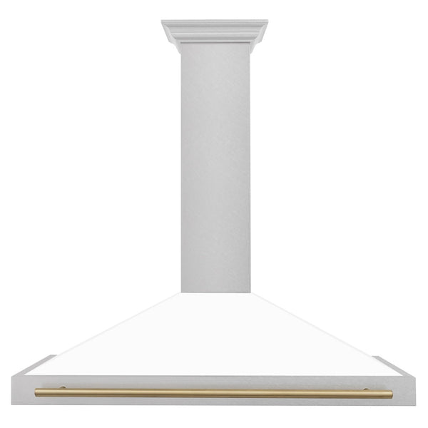 ZLINE Autograph Edition Convertible Fingerprint Resistant DuraSnow® Stainless Steel Range Hood with White Matte Shell and Champagne Bronze Handle (KB4SNZ-WM-CB) Champagne Bronze, front.