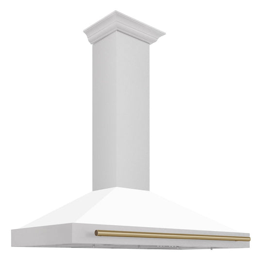 ZLINE 48 in. Autograph Edition Convertible Fingerprint Resistant Satin Stainless Steel Range Hood with White Matte Shell and Champagne Bronze Handle (KB4SNZ-WM48-CB)