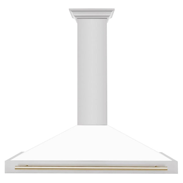ZLINE Autograph Edition Convertible Stainless Steel Range Hood with White Matte Shell and Polished Gold Accents (KB4STZ-WM-G) Polished Gold, front.