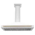 ZLINE Autograph Edition Convertible Stainless Steel Range Hood with White Matte Shell and Polished Gold Accents (KB4STZ-WM-G) front, under.
