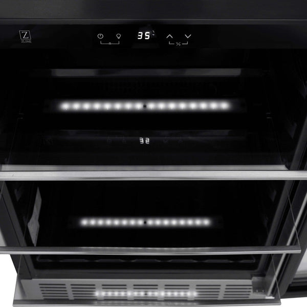 ZLINE 24 in. Monument 154 Can Beverage Fridge in Stainless Steel (RBV-US-24) close-up, adjustable glass shelving and display from above.